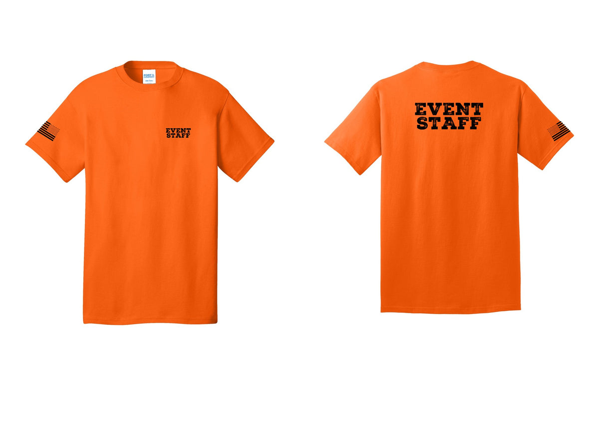 NYC Factory Event Staff T-Shirt - Chest + Back + US Flag Sleeve - Safety Orange