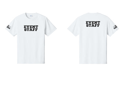 NYC Factory Event Staff T-Shirt - Front + Back + US Flag Sleeve - White