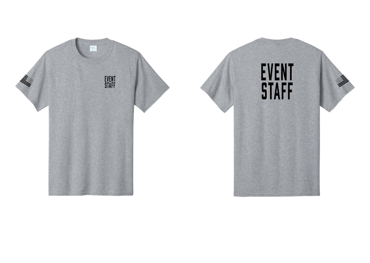 NYC Factory Event Staff T-Shirt, Condensed Lettering - Chest + Back + US Flag Sleeve - Athletic Heather