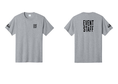 NYC Factory Event Staff T-Shirt, Condensed Lettering - Chest + Back + US Flag Sleeve - Athletic Heather