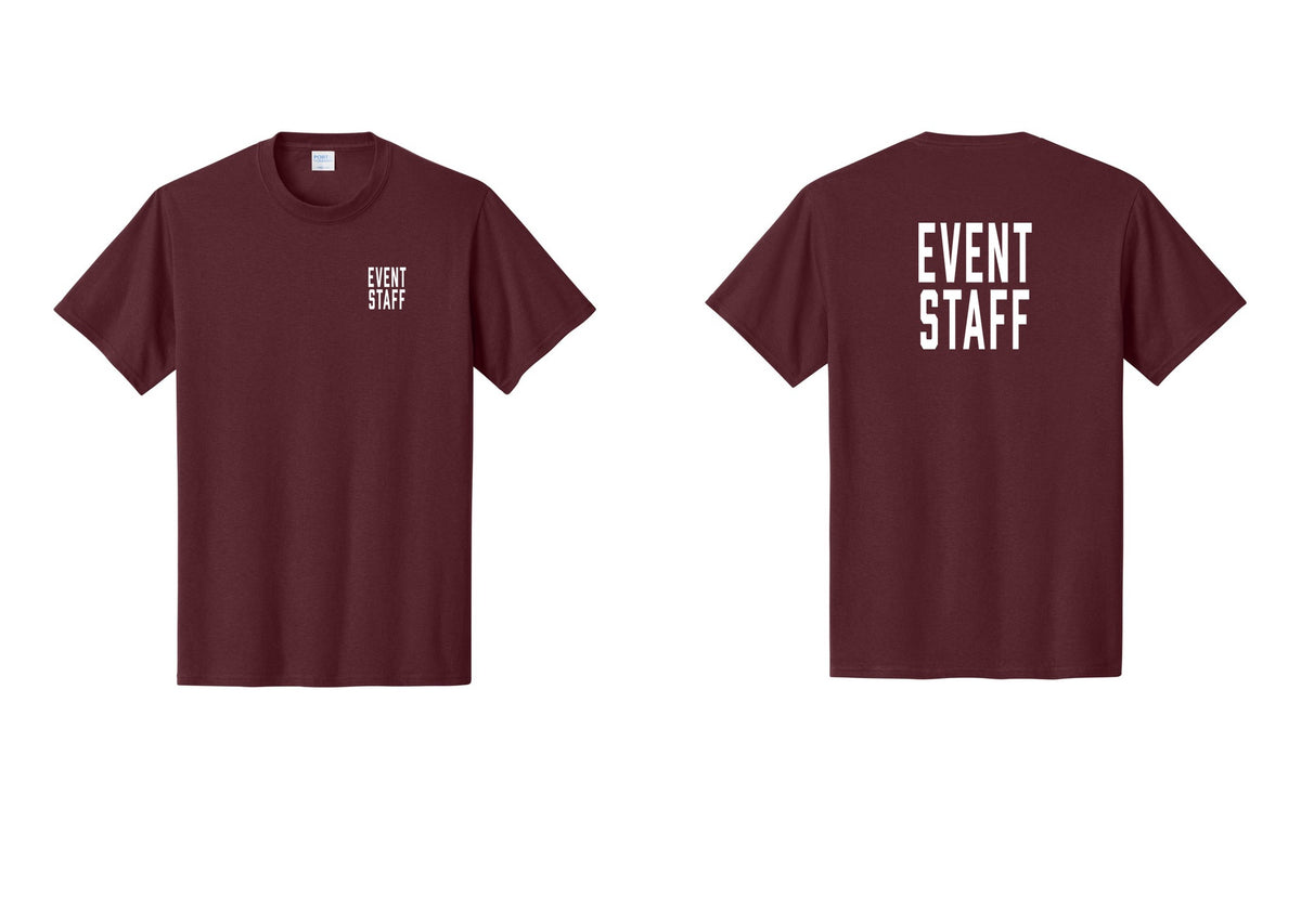 NYC Factory Event Staff T-Shirt, Condensed Lettering - Chest + Back - Athletic Maroon
