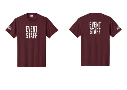 NYC Factory Event Staff T-Shirt, Condensed Lettering - Front + Back + US Flag Sleeve - Athletic Maroon