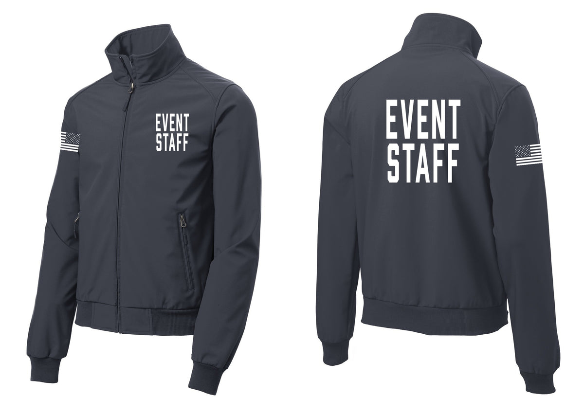 NYC Factory Event Staff Soft Shell Bomber Jacket (Classic) - Chest + Back + US Flag Sleeve - Battleship Grey