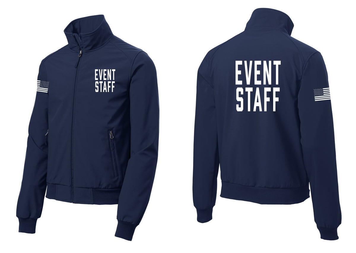 NYC Factory Event Staff Soft Shell Bomber Jacket (Classic) - Chest + Back + US Flag Sleeve - Dress Blue Navy