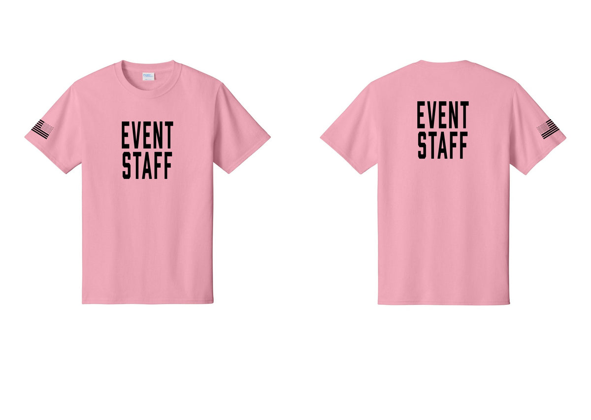 NYC Factory Event Staff T-Shirt, Condensed Lettering - Front + Back + US Flag Sleeve - Candy Pink