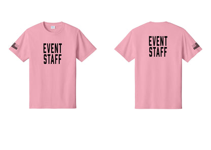 NYC Factory Event Staff T-Shirt, Condensed Lettering - Front + Back + US Flag Sleeve - Candy Pink