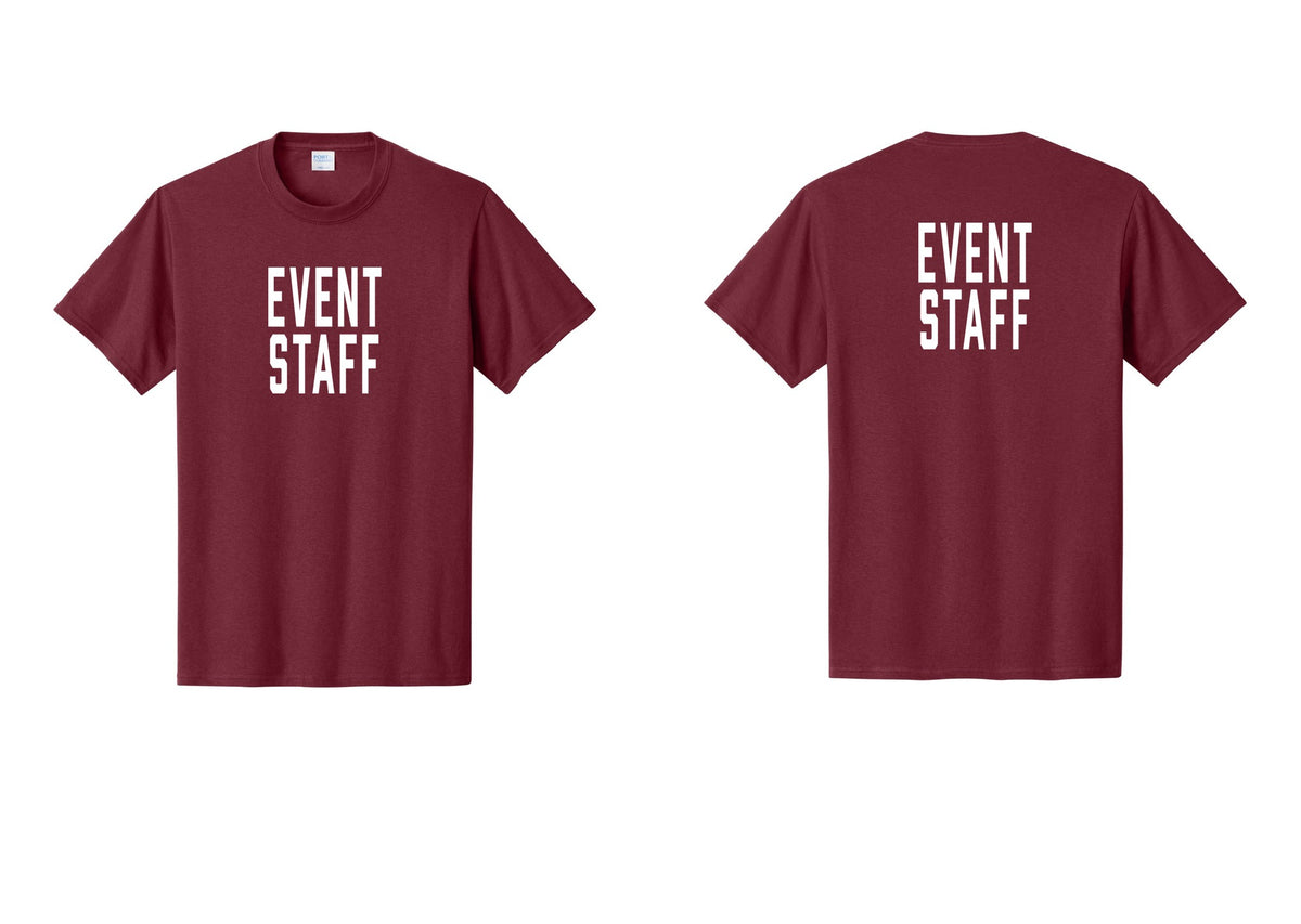 NYC Factory Event Staff T-Shirt, Condensed Lettering - Front + Back - Cardinal