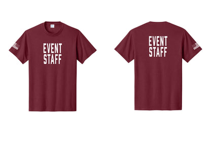 NYC Factory Event Staff T-Shirt, Condensed Lettering - Front + Back + US Flag Sleeve - Cardinal