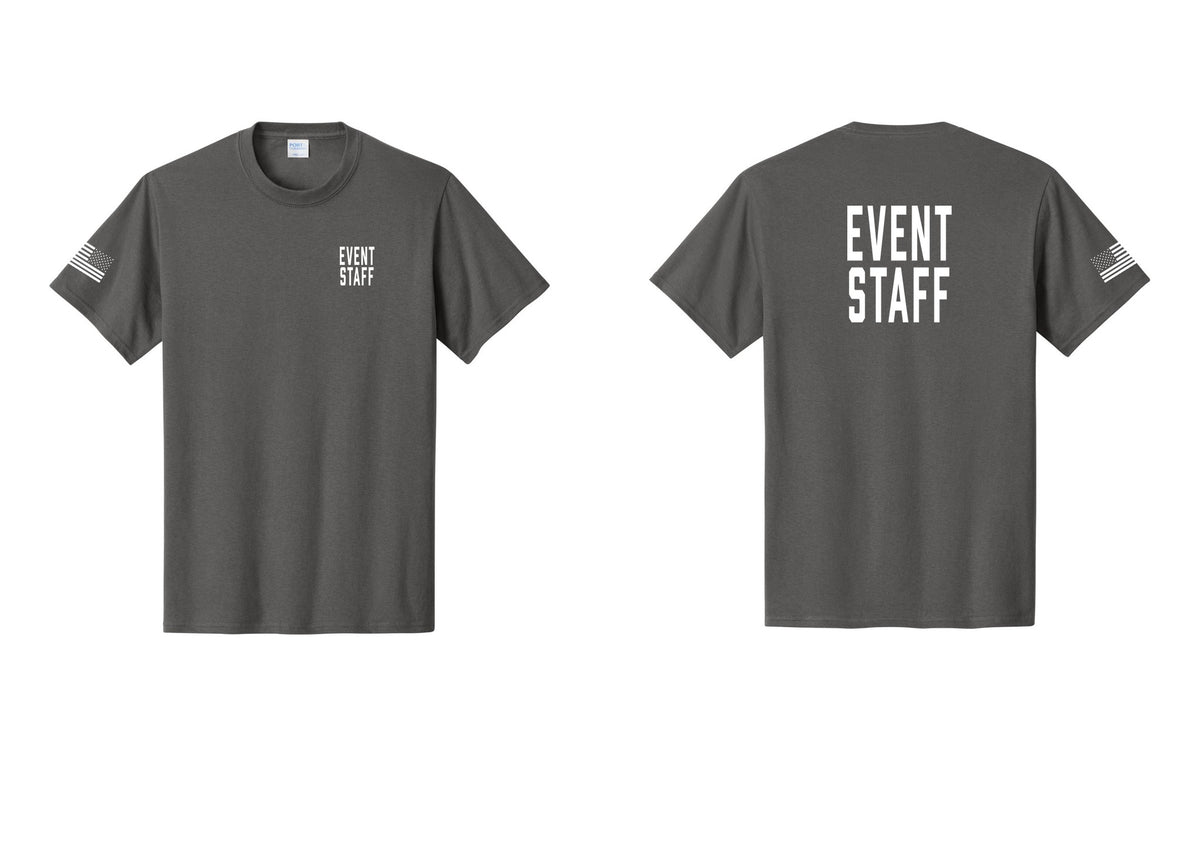 NYC Factory Event Staff T-Shirt, Condensed Lettering - Chest + Back + US Flag Sleeve - Charcoal