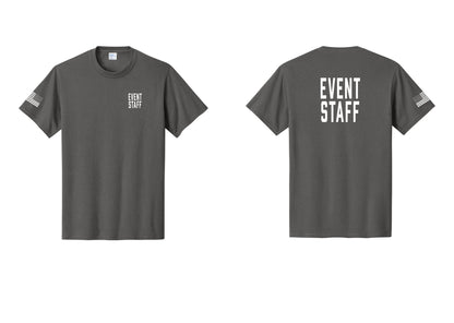NYC Factory Event Staff T-Shirt, Condensed Lettering - Chest + Back + US Flag Sleeve - Charcoal