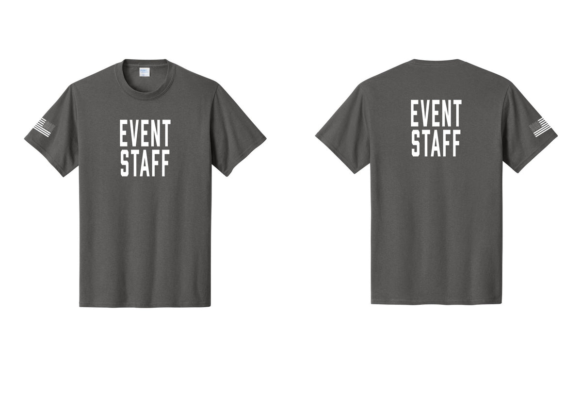 NYC Factory Event Staff T-Shirt, Condensed Lettering - Front + Back + US Flag Sleeve - Charcoal
