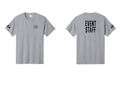 NYC Factory Custom Logo Event Staff T-Shirt, Condensed Lettering - Your Logo + Back + US Flag Sleeve - Athletic Heather