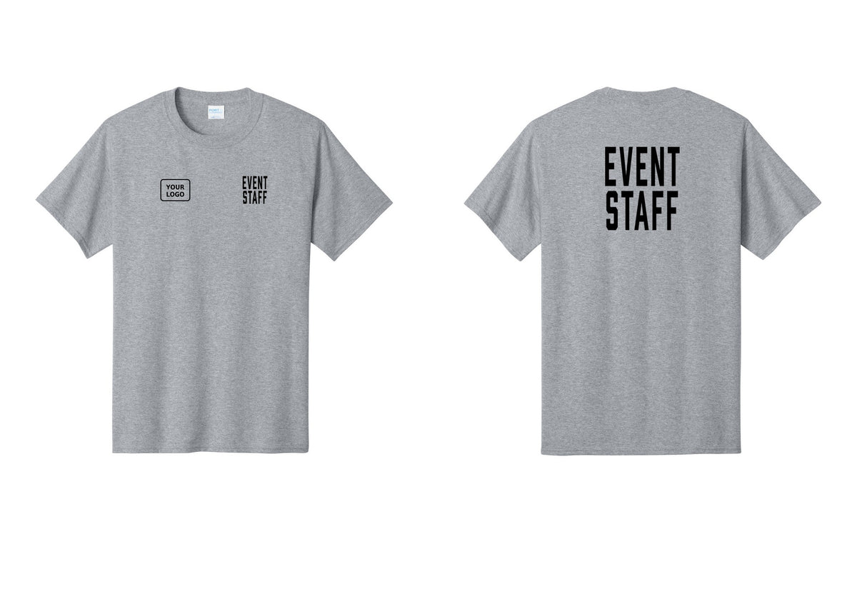 NYC Factory Custom Logo Event Staff T-Shirt, Condensed Lettering - EVENT STAFF + Your Logo + Back - Athletic Heather