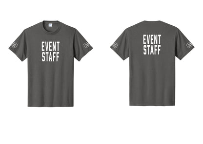 NYC Factory Custom Logo Event Staff T-Shirt, Condensed Lettering - Front + Back + Your Logo Sleeves - Charcoal