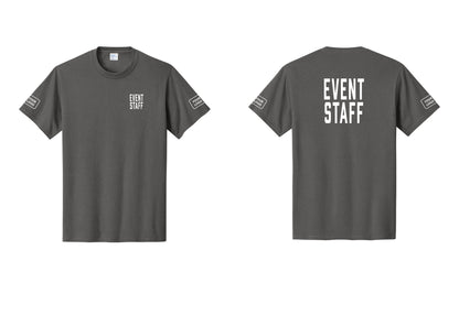 NYC Factory Custom Logo Event Staff T-Shirt, Condensed Lettering - Chest + Back + Your Logo Sleeves - Charcoal