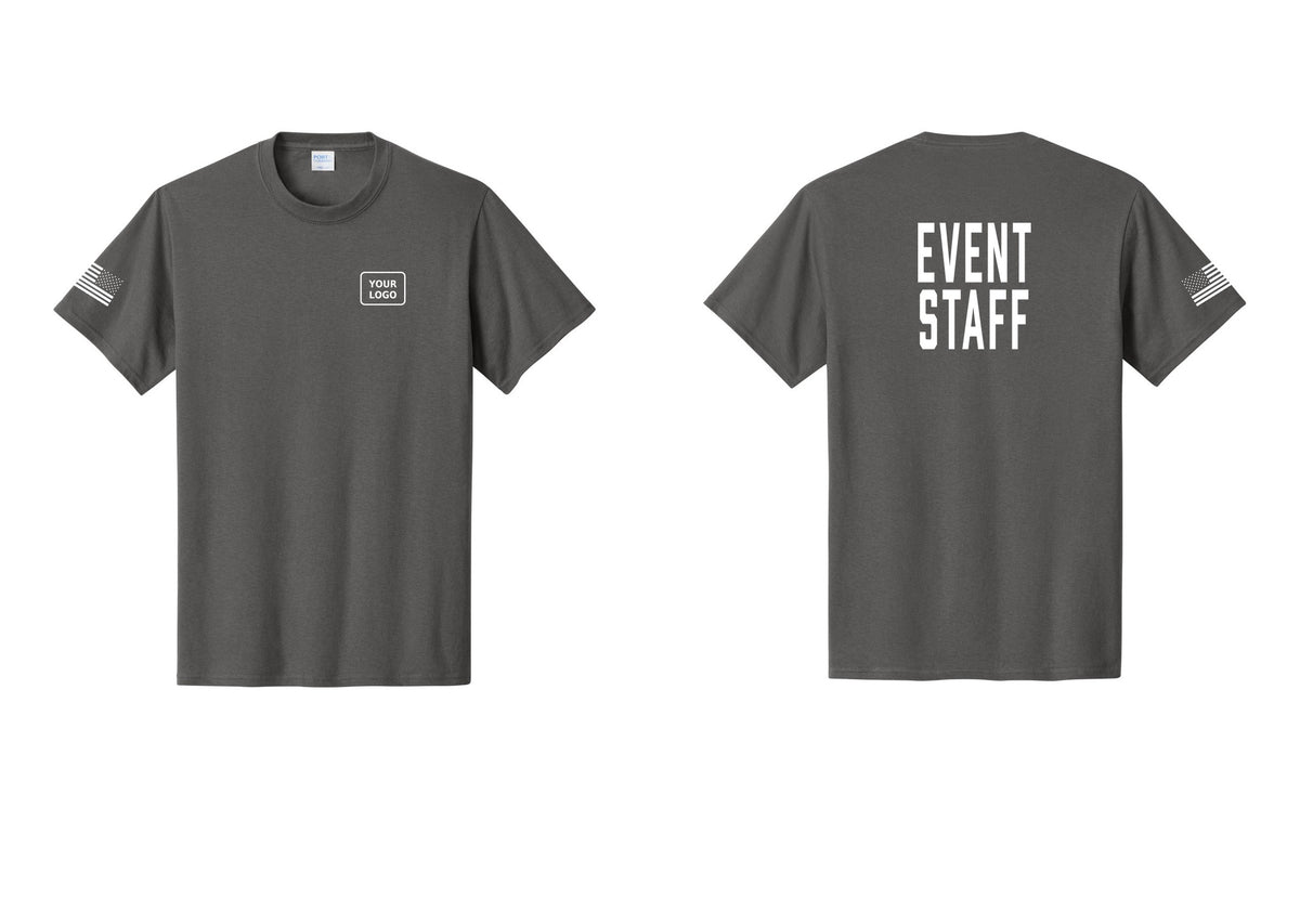 NYC Factory Custom Logo Event Staff T-Shirt, Condensed Lettering - Your Logo + Back + US Flag Sleeve - Charcoal