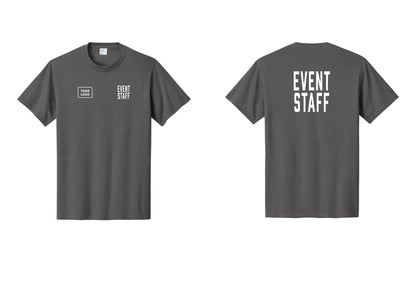 NYC Factory Custom Logo Event Staff T-Shirt, Condensed Lettering - EVENT STAFF + Your Logo + Back - Charcoal