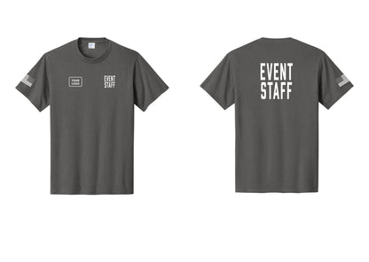 NYC Factory Custom Logo Event Staff T-Shirt, Condensed Lettering - EVENT STAFF + Your Logo + Back + US Flag Sleeve - Charcoal