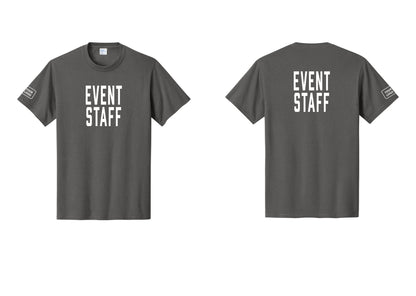 NYC Factory Custom Logo Event Staff T-Shirt, Condensed Lettering - Front + Back + Your Logo Sleeve - Charcoal