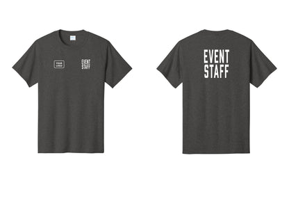 NYC Factory Custom Logo Event Staff T-Shirt, Condensed Lettering - EVENT STAFF + Your Logo + Back - Dark Heather Grey