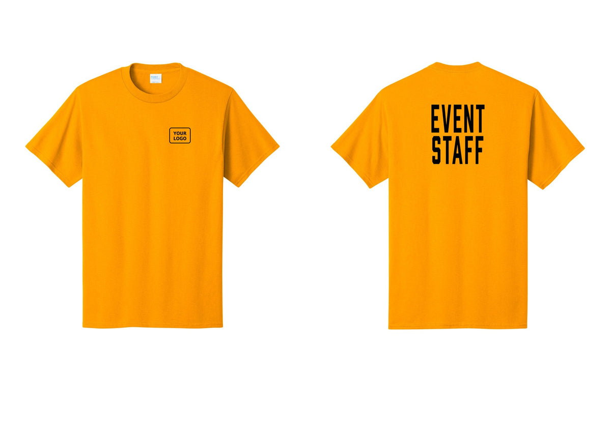 NYC Factory Custom Logo Event Staff T-Shirt, Condensed Lettering - Your Logo + Back - Gold