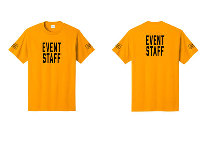 NYC Factory Custom Logo Event Staff T-Shirt, Condensed Lettering - Front + Back + Your Logo Sleeves - Gold