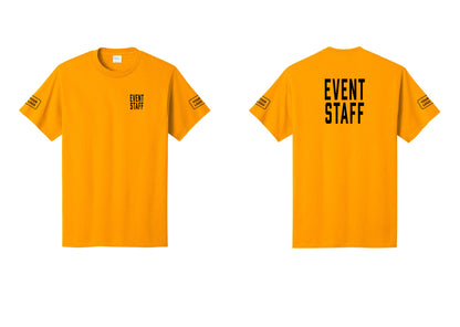 NYC Factory Custom Logo Event Staff T-Shirt, Condensed Lettering - Chest + Back + Your Logo Sleeves - Gold