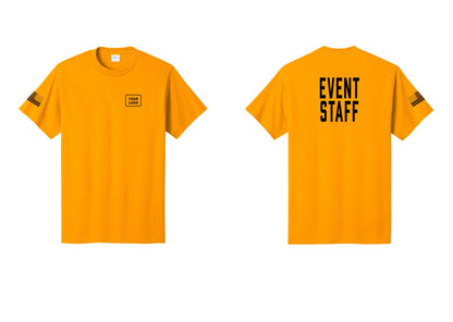 NYC Factory Custom Logo Event Staff T-Shirt, Condensed Lettering - Your Logo + Back + US Flag Sleeve - Gold