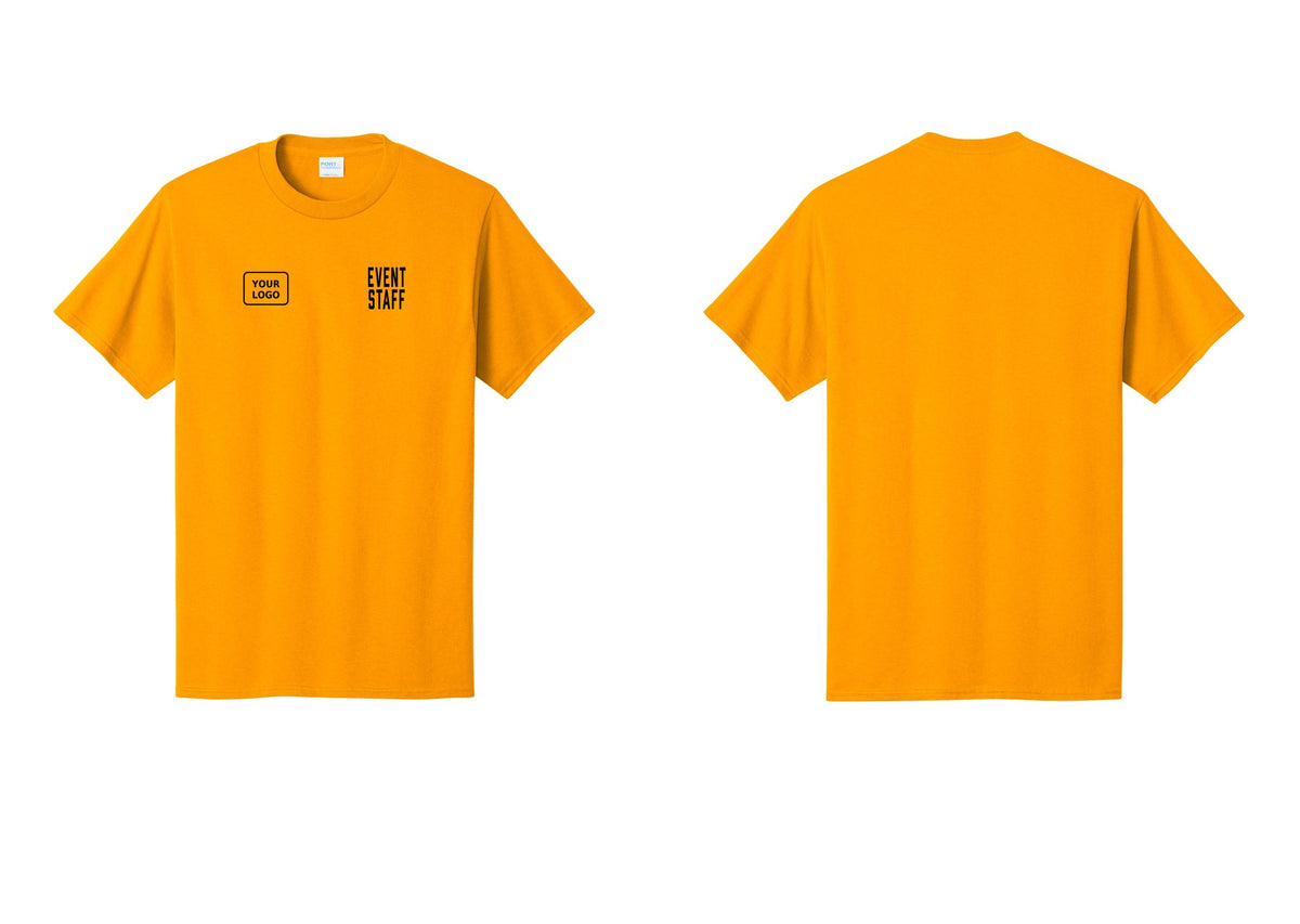 NYC Factory Custom Logo Event Staff T-Shirt, Condensed Lettering - EVENT STAFF + Your Logo - Gold