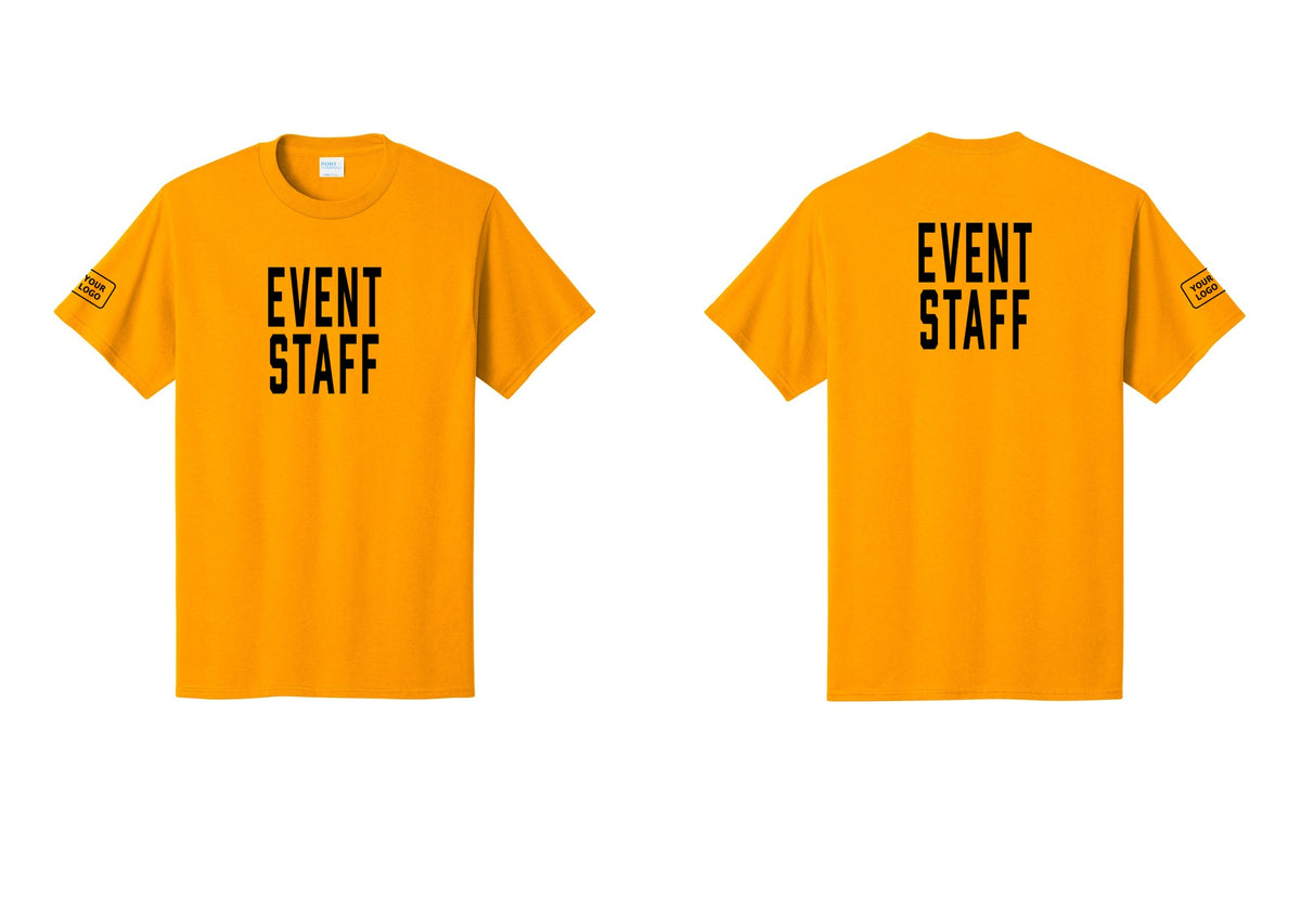 NYC Factory Custom Logo Event Staff T-Shirt, Condensed Lettering - Front + Back + Your Logo Sleeve - Gold