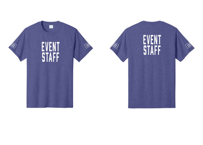 NYC Factory Custom Logo Event Staff T-Shirt, Condensed Lettering - Front + Back + Your Logo Sleeves - Heather Purple