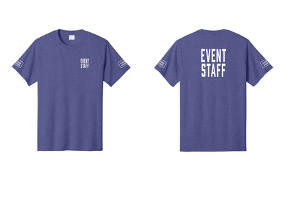NYC Factory Custom Logo Event Staff T-Shirt, Condensed Lettering - Chest + Back + Your Logo Sleeves - Heather Purple