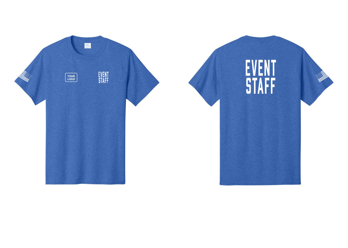 NYC Factory Custom Logo Event Staff T-Shirt, Condensed Lettering - EVENT STAFF + Your Logo + Back + US Flag Sleeve - Heather Royal