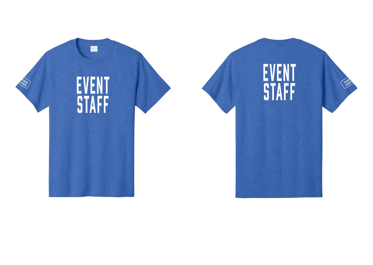 NYC Factory Custom Logo Event Staff T-Shirt, Condensed Lettering - Front + Back + Your Logo Sleeve - Heather Royal