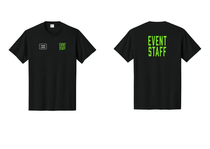 NYC Factory Custom Logo Event Staff T-Shirt, Condensed Lettering - EVENT STAFF + Your Logo + Back - Black / Neon