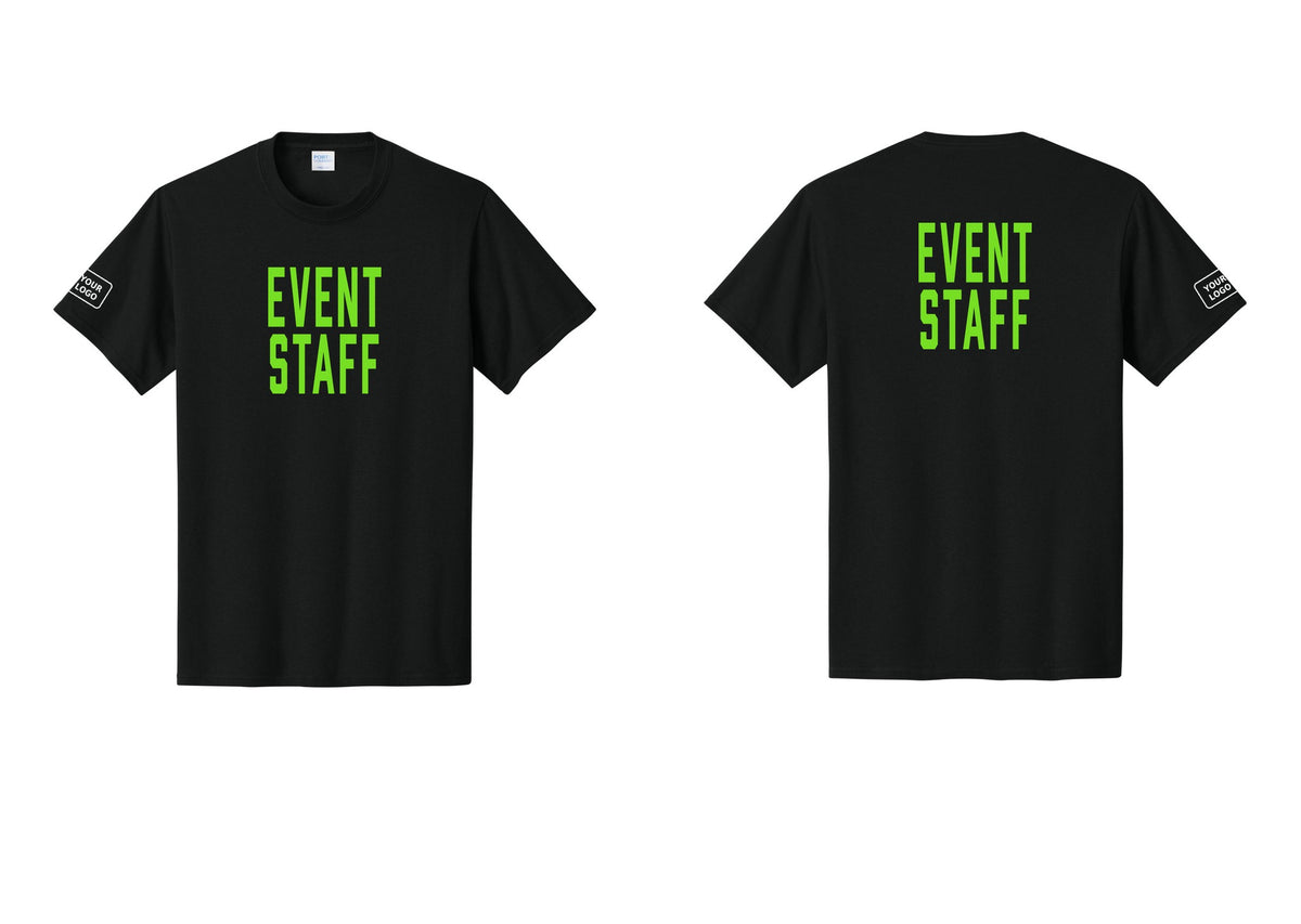 NYC Factory Custom Logo Event Staff T-Shirt, Condensed Lettering - Front + Back + Your Logo Sleeve - Black / Neon