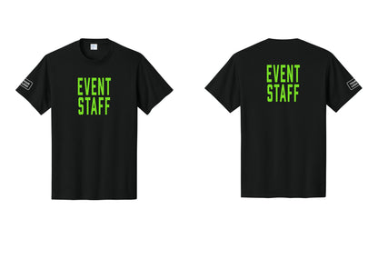 NYC Factory Custom Logo Event Staff T-Shirt, Condensed Lettering - Front + Back + Your Logo Sleeve - Black / Neon