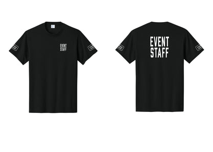 NYC Factory Custom Logo Event Staff T-Shirt, Condensed Lettering - Chest + Back + Your Logo Sleeves - Black
