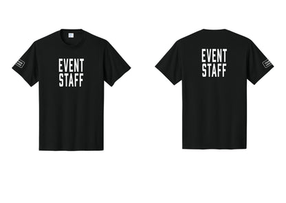NYC Factory Custom Logo Event Staff T-Shirt, Condensed Lettering - Front + Back + Your Logo Sleeve - Black