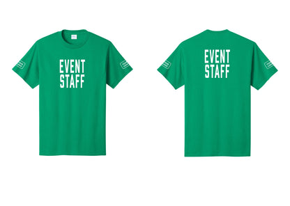 NYC Factory Custom Logo Event Staff T-Shirt, Condensed Lettering - Front + Back + Your Logo Sleeves - Kelly