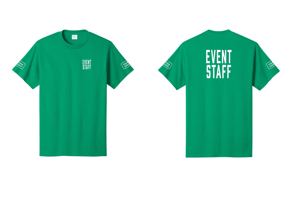 NYC Factory Custom Logo Event Staff T-Shirt, Condensed Lettering - Chest + Back + Your Logo Sleeves - Kelly