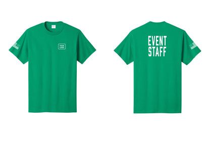 NYC Factory Custom Logo Event Staff T-Shirt, Condensed Lettering - Your Logo + Back + US Flag Sleeve - Kelly
