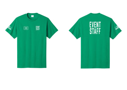 NYC Factory Custom Logo Event Staff T-Shirt, Condensed Lettering - EVENT STAFF + Your Logo + Back + US Flag Sleeve - Kelly