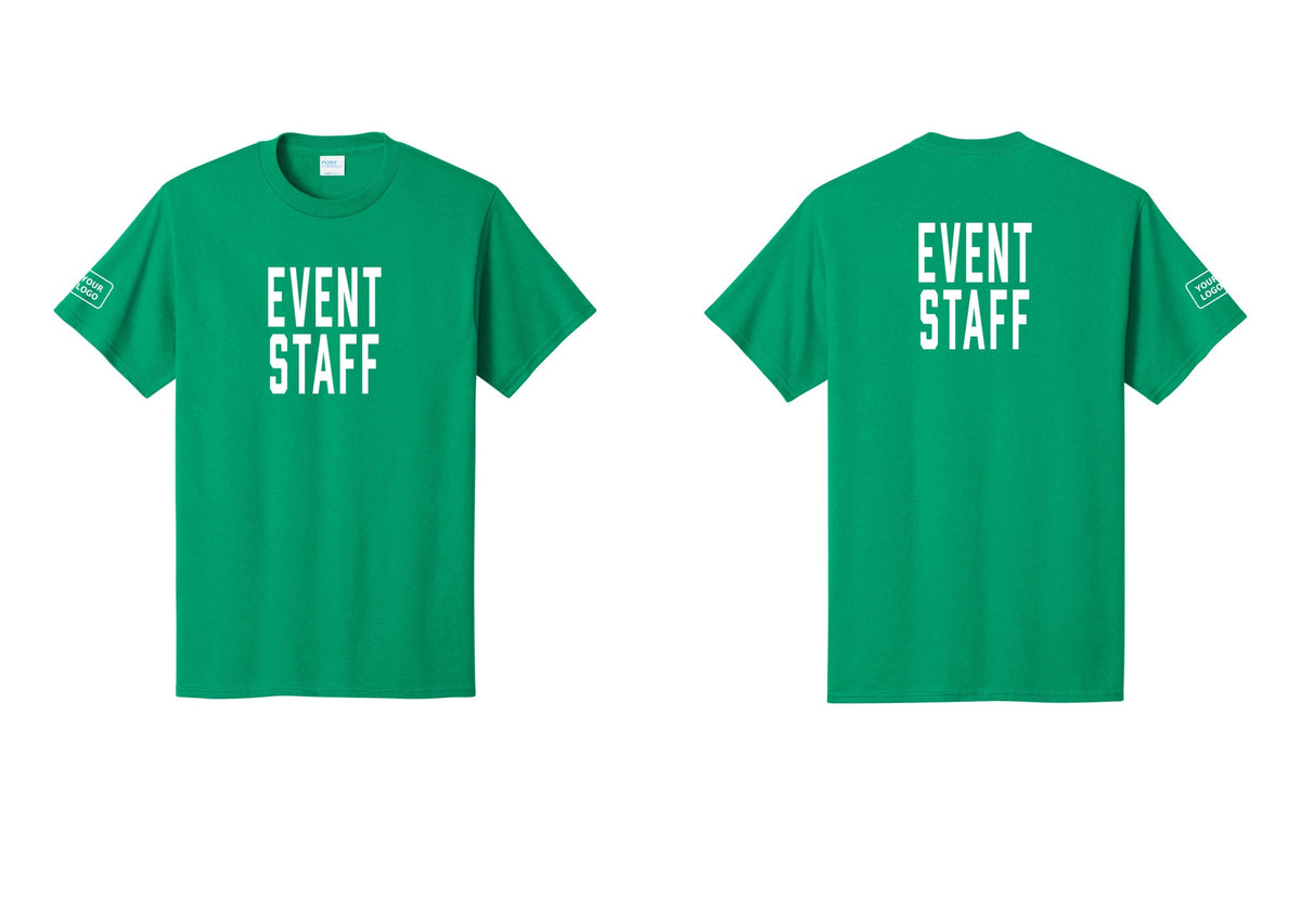 NYC Factory Custom Logo Event Staff T-Shirt, Condensed Lettering - Front + Back + Your Logo Sleeve - Kelly