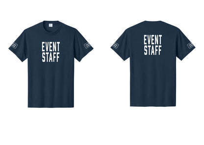 NYC Factory Custom Logo Event Staff T-Shirt, Condensed Lettering - Front + Back + Your Logo Sleeves - Navy