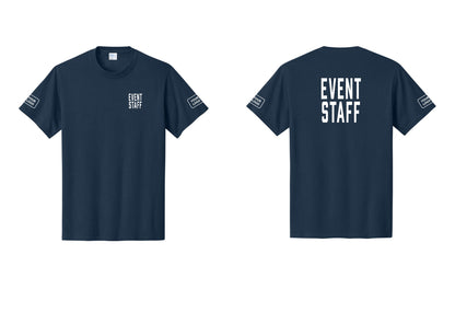 NYC Factory Custom Logo Event Staff T-Shirt, Condensed Lettering - Chest + Back + Your Logo Sleeves - Navy