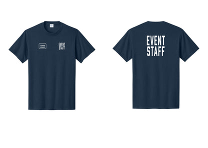 NYC Factory Custom Logo Event Staff T-Shirt, Condensed Lettering - EVENT STAFF + Your Logo + Back - Navy