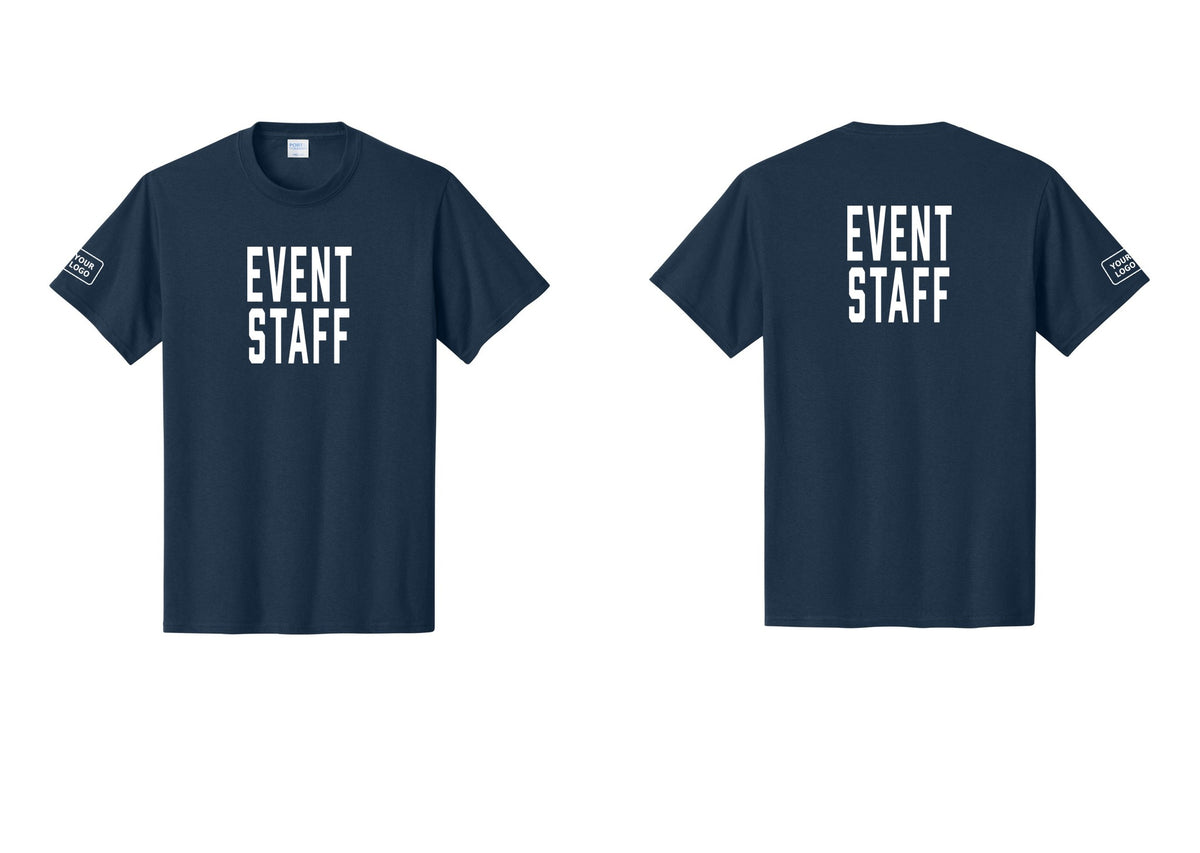 NYC Factory Custom Logo Event Staff T-Shirt, Condensed Lettering - Front + Back + Your Logo Sleeve - Navy