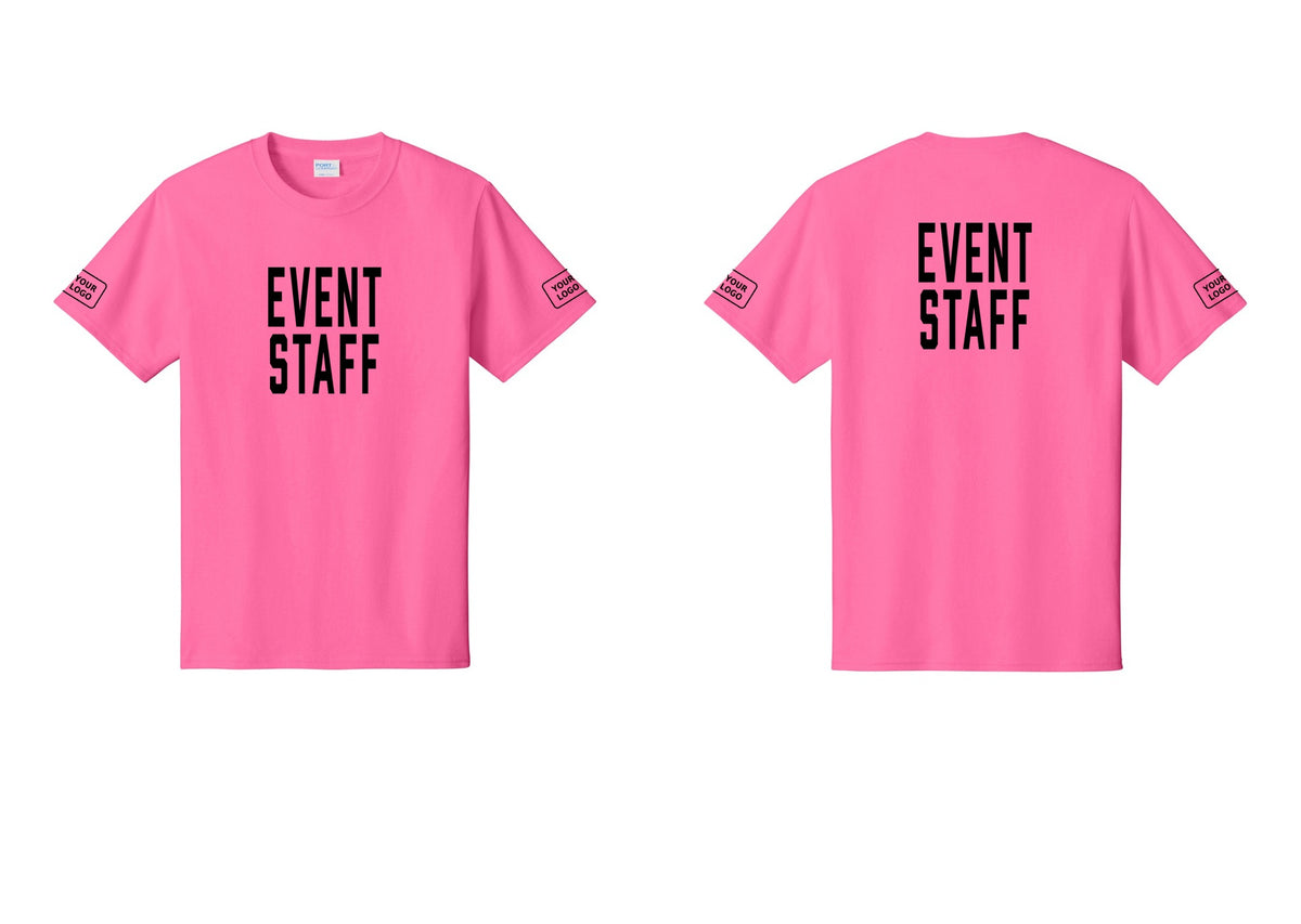NYC Factory Custom Logo Event Staff T-Shirt, Condensed Lettering - Front + Back + Your Logo Sleeves - Neon Pink