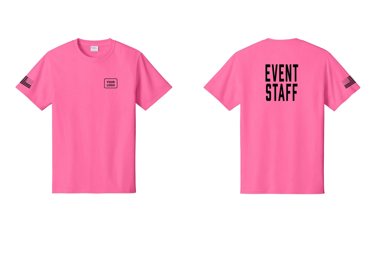NYC Factory Custom Logo Event Staff T-Shirt, Condensed Lettering - Your Logo + Back + US Flag Sleeve - Neon Pink